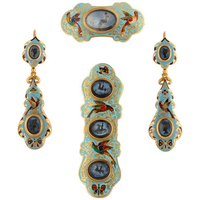 Light Blue Swiss Enamel Pendant Earrings with Matching Brooch and Large Sash Clasp with opaque and foil enamel birds and butterflies