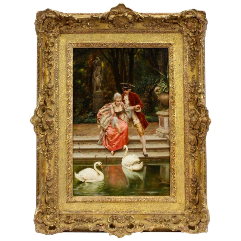 A Fine Oil Painting by Frederic Soulacroix of a Couple Feeding Swans
