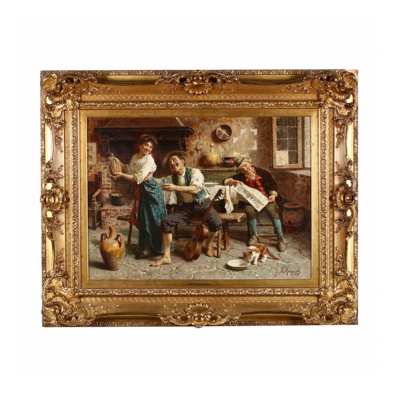 A Fine Oil Painting of a Tavern Scene By Italian Artist Eugenio Zampighi