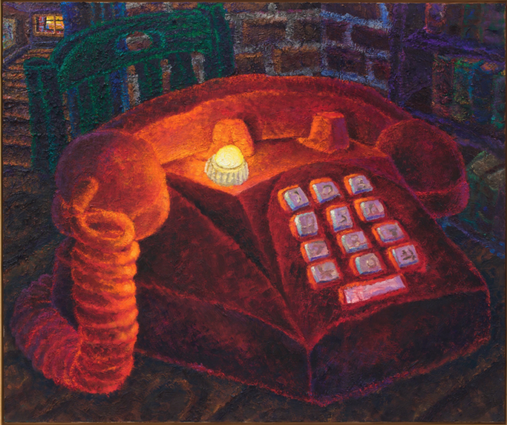 Painting of an oversized red telephone on a table