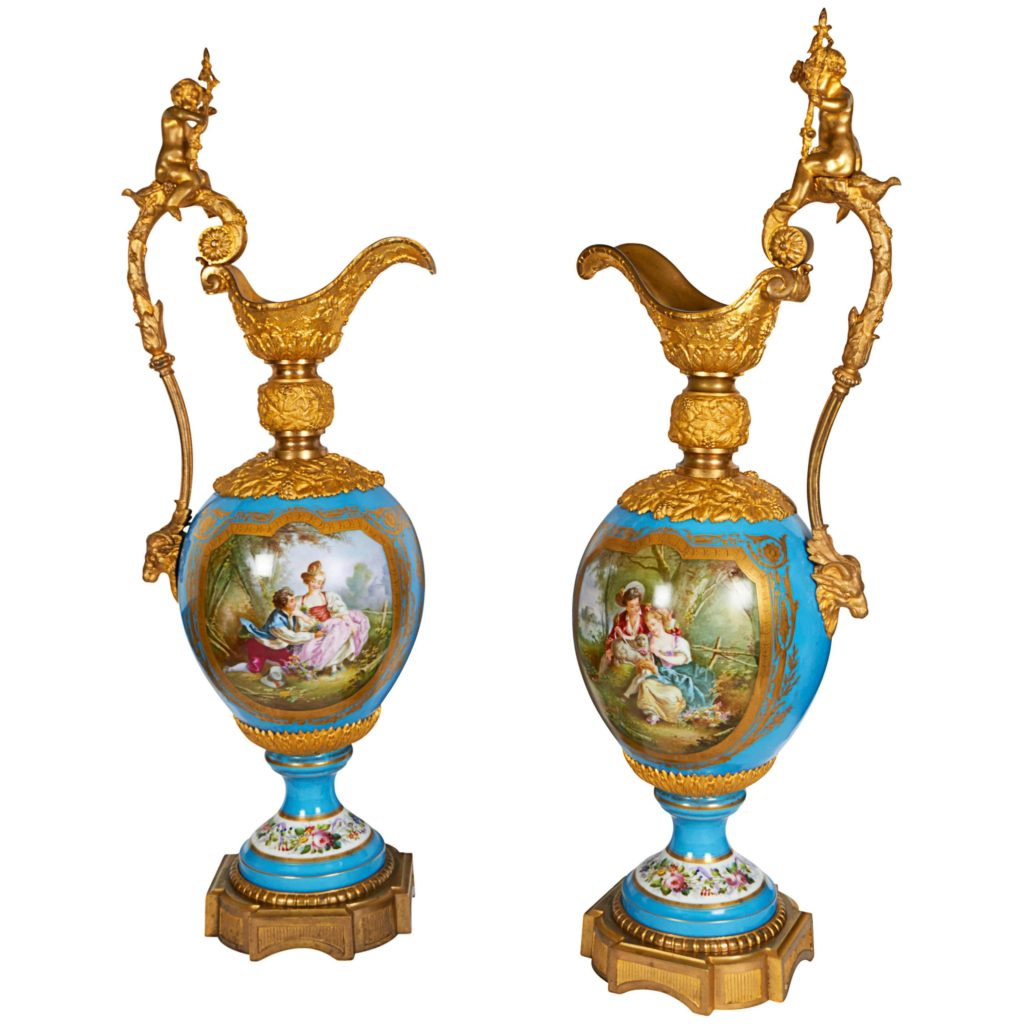 Palace Size Pair of French Sèvres Porcelain and Ormolu-Mounted Ewers