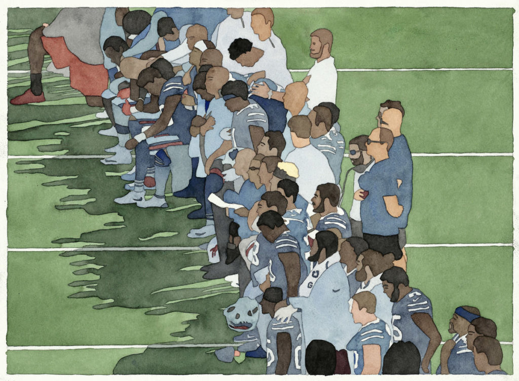 Animation depicting NFL football players taking a knee during “The Star-Spangled Banner.”