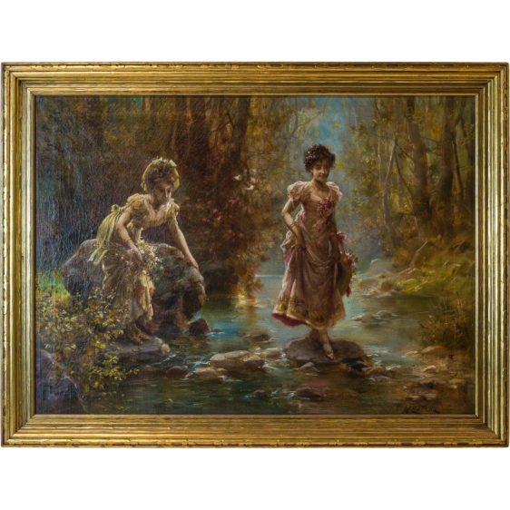 A Fine Oil Painting Depicting Two Females Crossing a Stream By Hans Zatzka