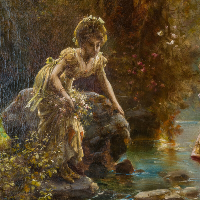 A Fine Oil Painting Depicting Two Females Crossing a Stream By Hans Zatzka