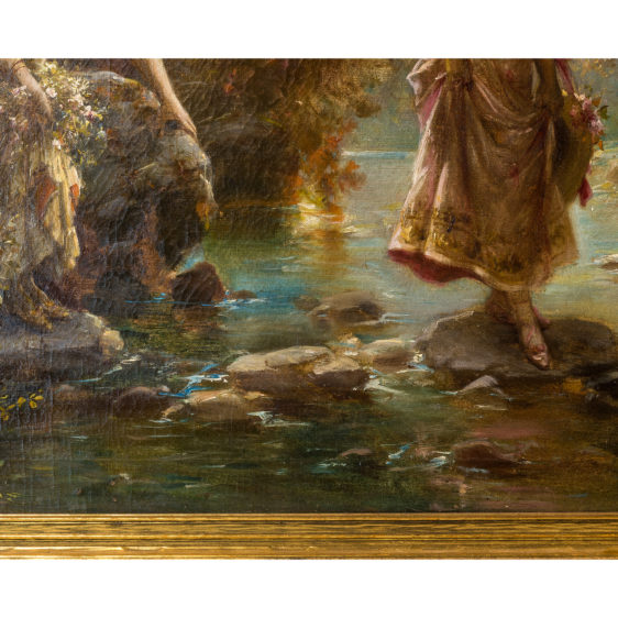 A Fine Oil Painting Depicting Two Females Crossing a Stream By Hans Zatzka