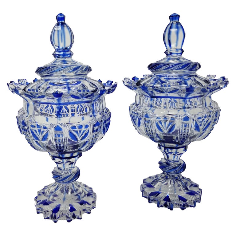 Pair of Cobalt Blue Russian Hand-Diamond Cut Crystal Covered Urns