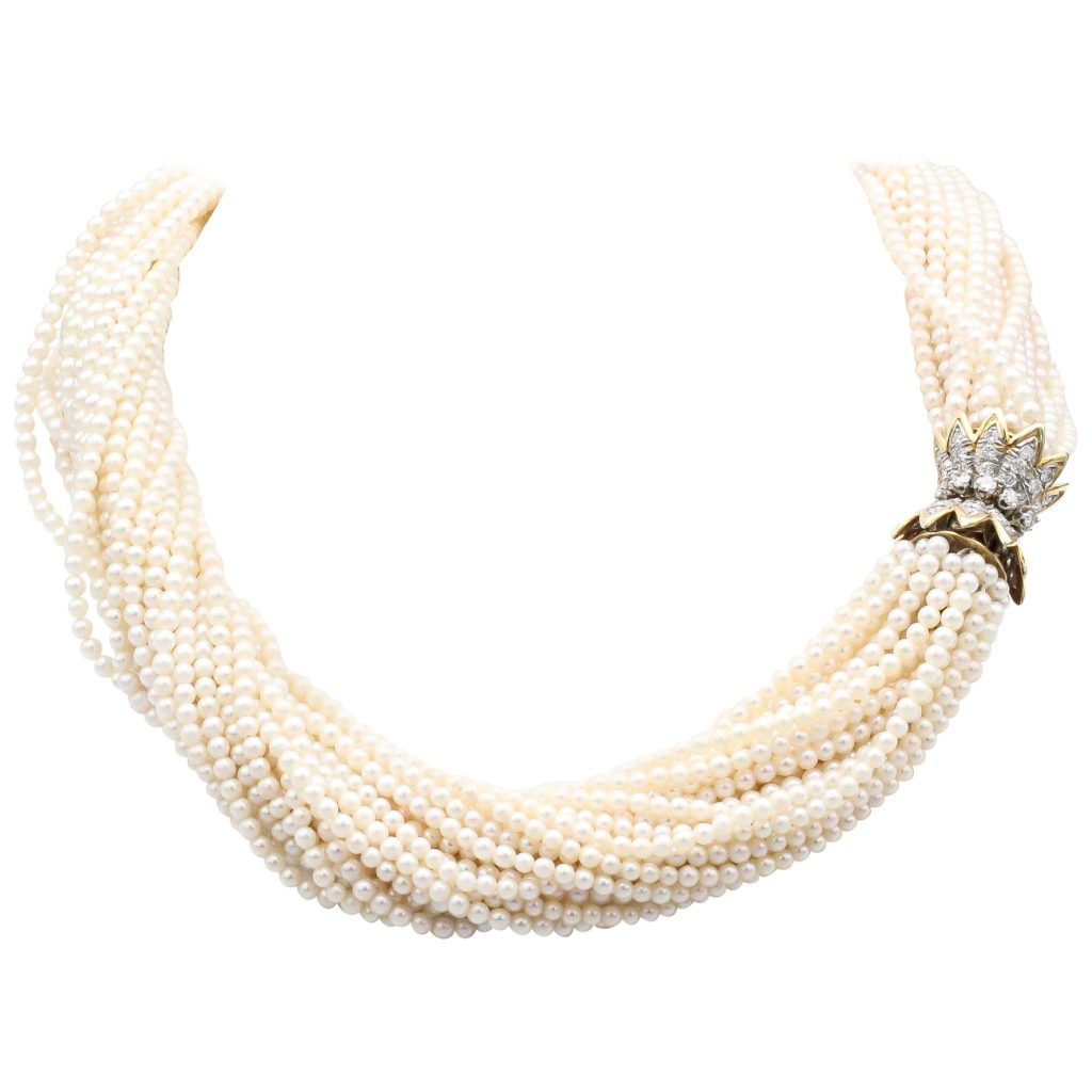 Many thin strands of pearl entwine into beautiful necklace
