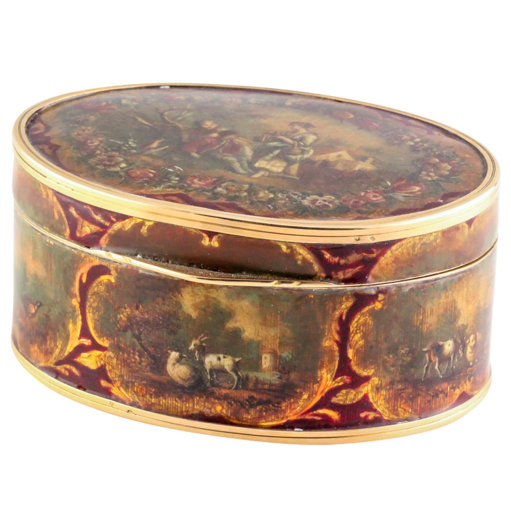 Very Ornate Antique French Jewelry Box, Enamel Gold Shell 