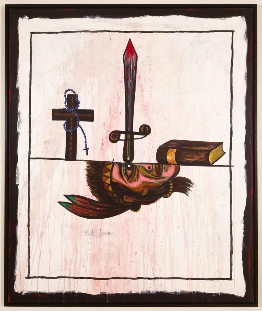 Painting rendering of the cross, sword, and book