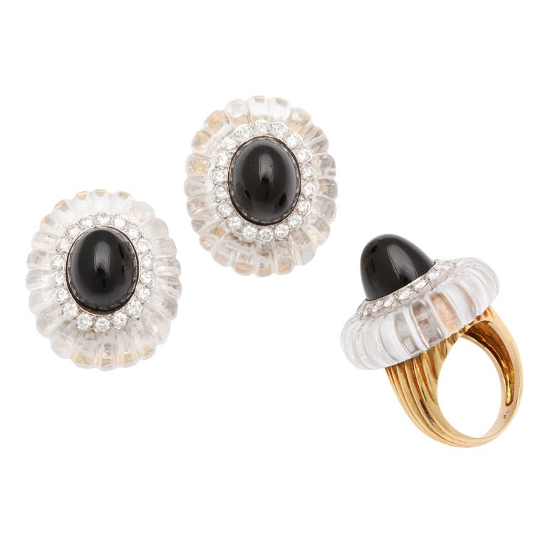Rock Crystal Black Jade Diamond Earclips and Ring by Cartier 
