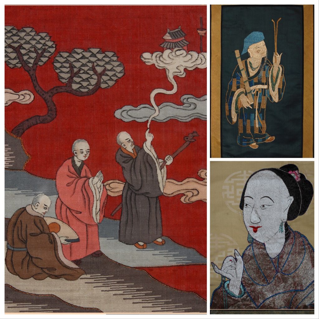 3 Antique Chinese Textiles: Featuring 3 Men; An Old Man; A Woman