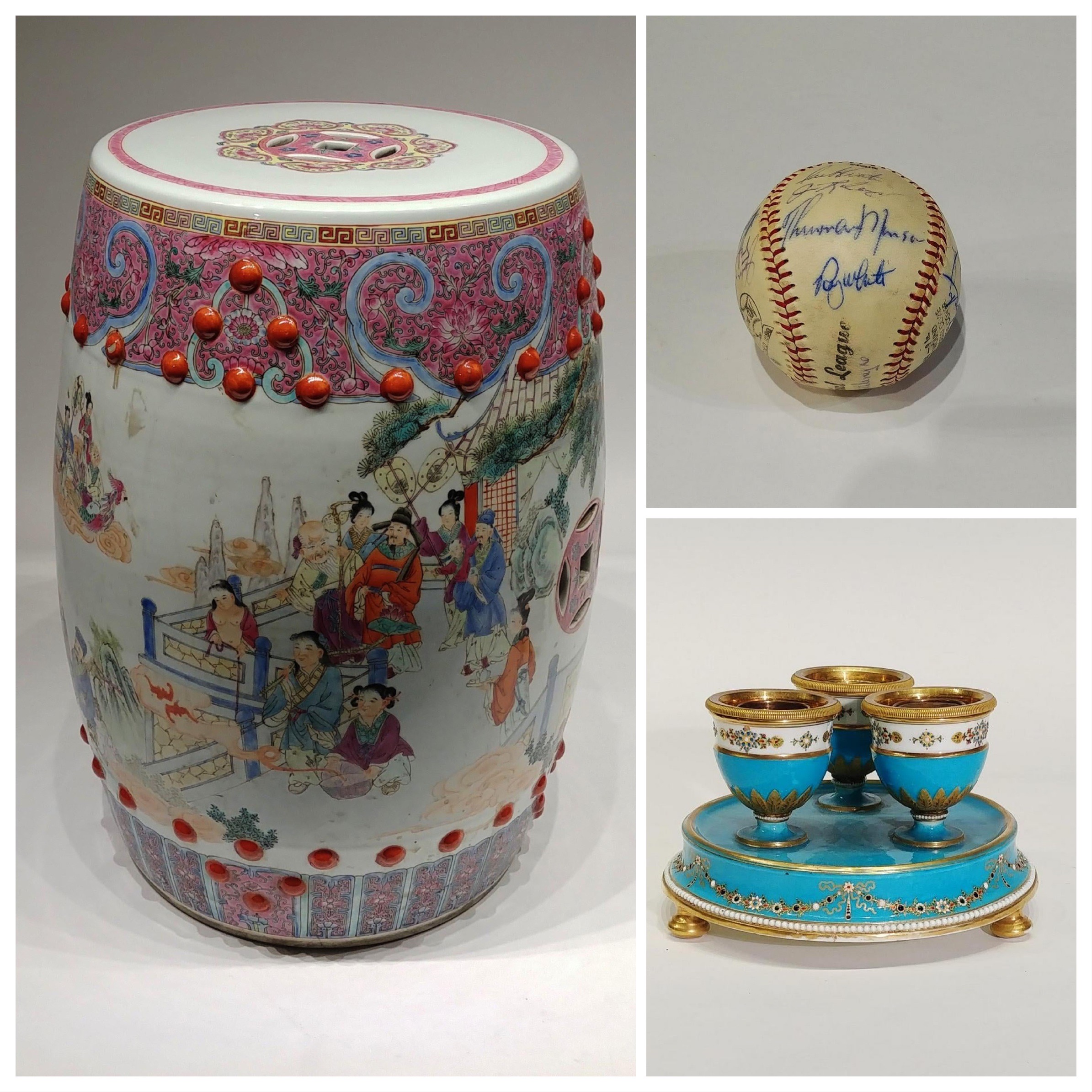 Fine Chinese Porcelain Garden Stool - with court scene and calligraphy, New York Yankees Team Signed Baseball 1972, Sevres Jeweled Porcelain Inkwell Set 