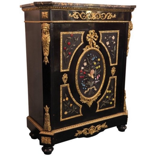 19 century French ebonized bronze mounted marble top cabinet