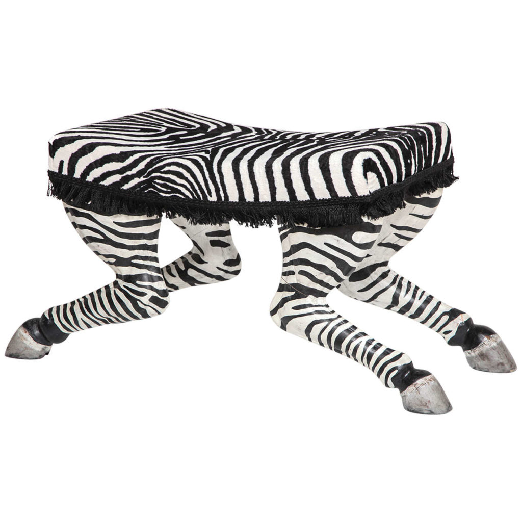 French Art Deco Carved and Painted Wood Zebra Stools