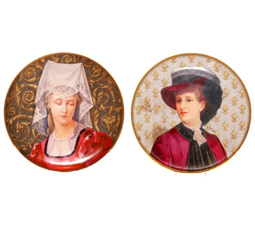 Pair of Painted Porcelain Plates with a woman on each