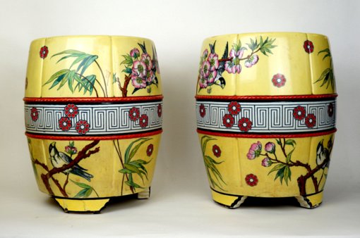 Yellow Painted Porcelain Garden Seats with Birds and Flowers