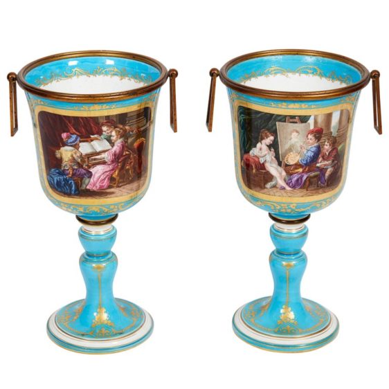 French Sevres Style Turquoise Porcelain Cups