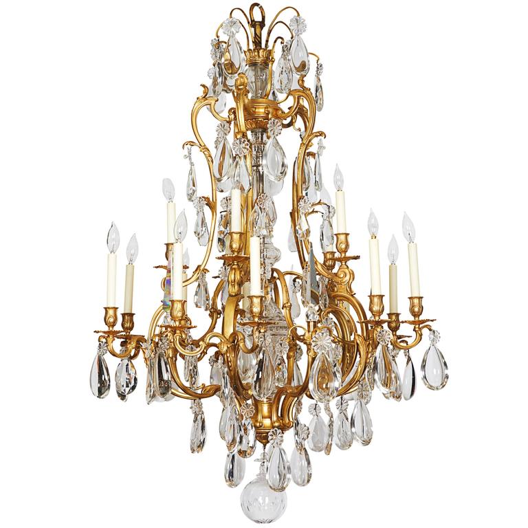 Exceptional French Ormolu Bronze Baccarat Glass Crystal Fifteen-Light Chandelier