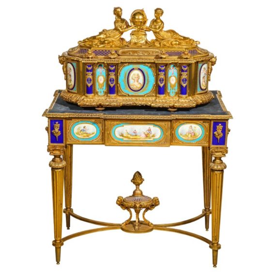 French Ormolu Sevres Style Porcelain Jewelry Box on Bronze Table