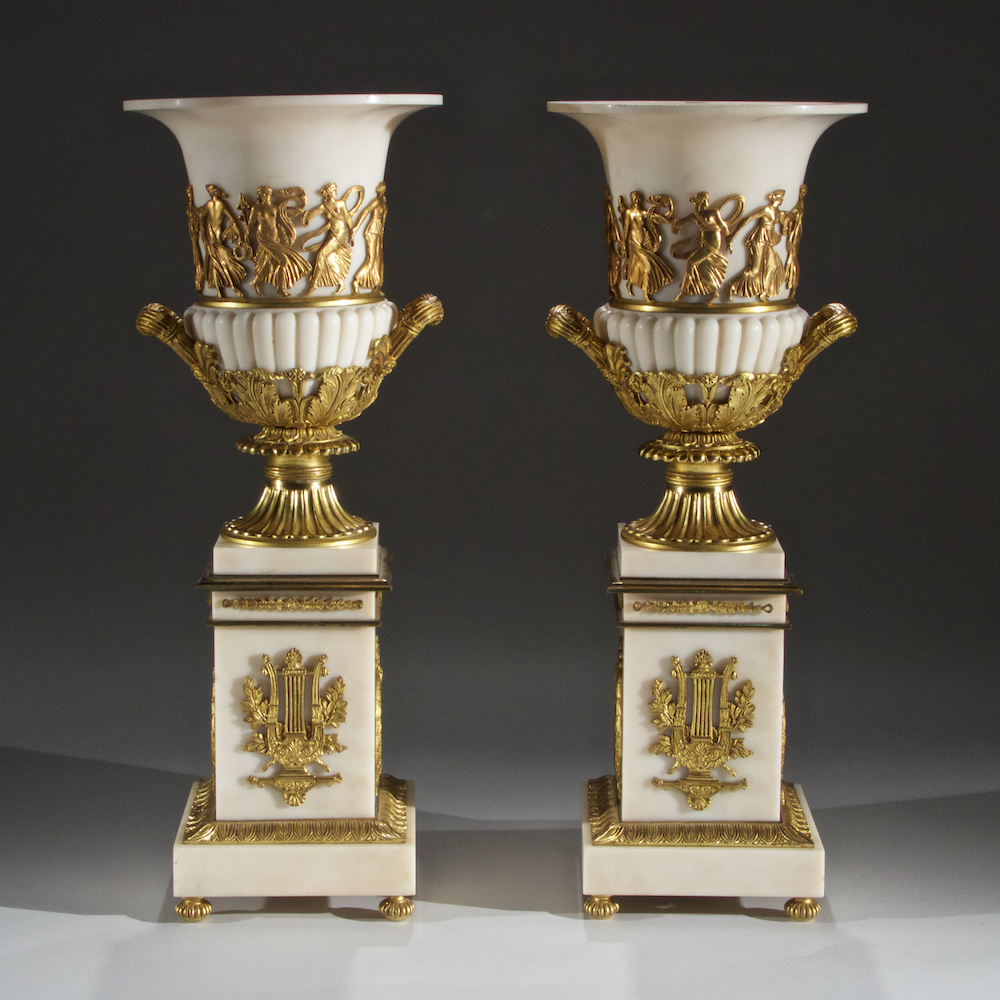 Pair of Antique Neoclassical marble and dore bronze campagna form vases with neoclassical maidens