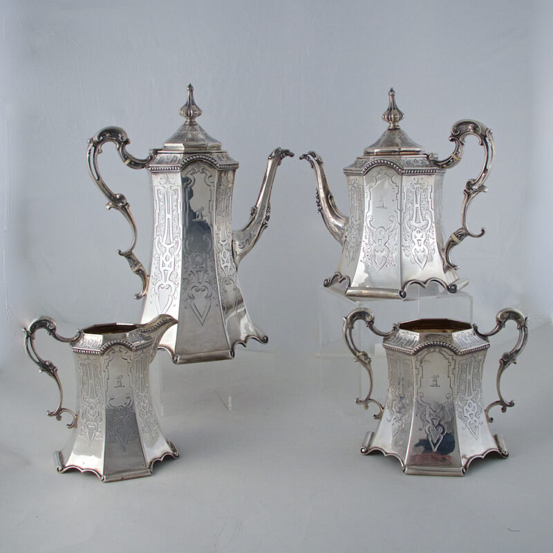 Exceptional Hand Engraved Gothic Revival Antique Sterling Silver Tea Set