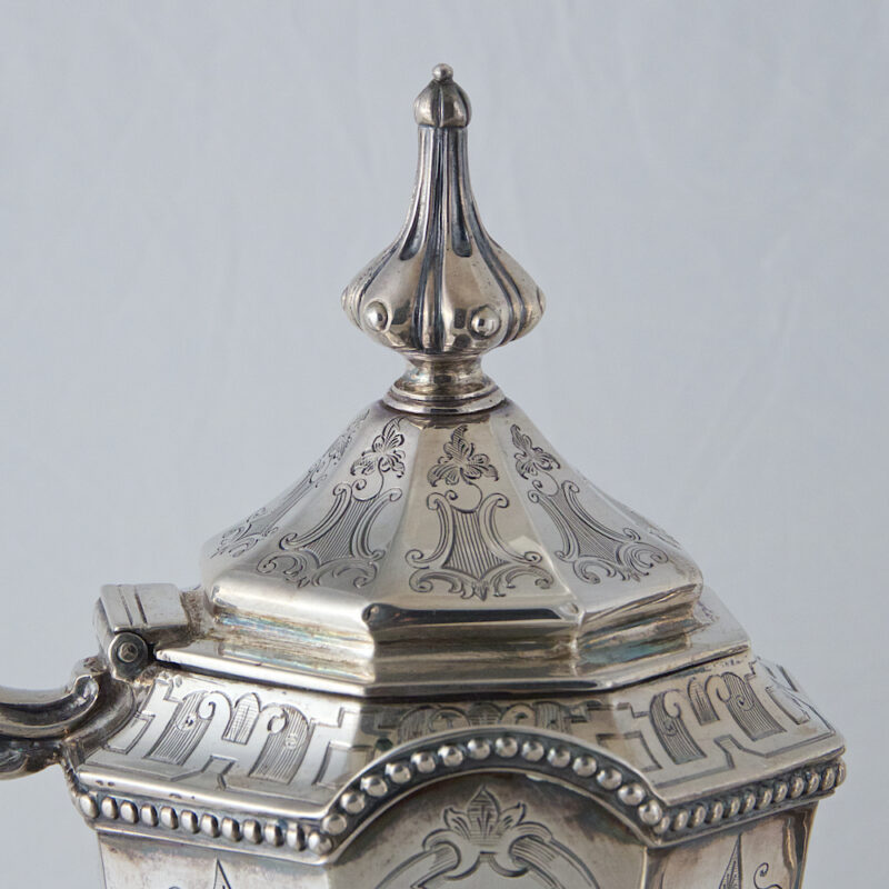 Exceptional Hand Engraved Gothic Revival Antique Sterling Silver Tea Set