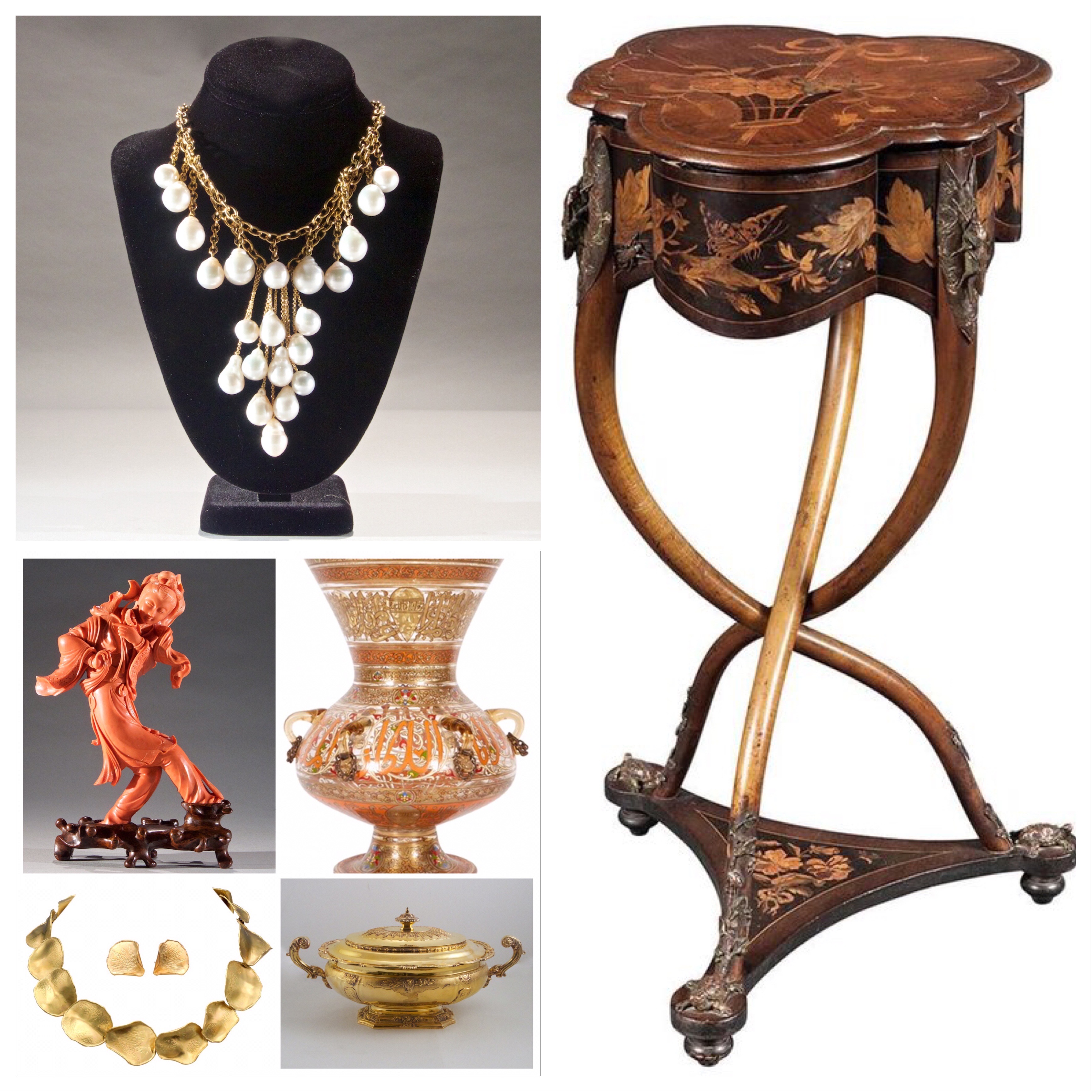 Antiques - Necklaces, Art Nouveau Marquetry Table, Mosque Lamp and Tureen