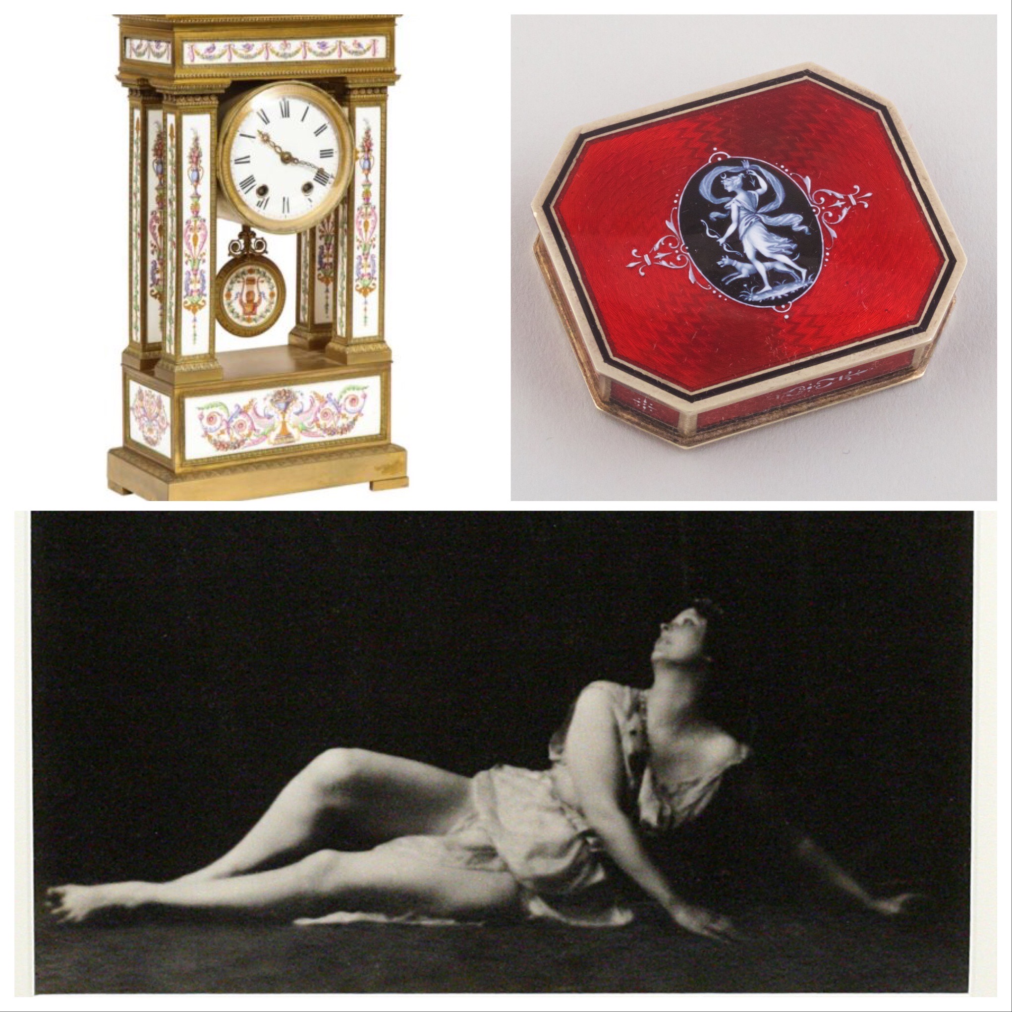 A Rare and Exquisite French Ormolu and Porcelain Clock, attributed to Deniere, Eugene Feuillatre Guilloche Enamel and Vermeil Box, Exquisite Iconic photograph of Isadora Duncan by Arnold Genthe - at Manhattan Art & Antiques Center