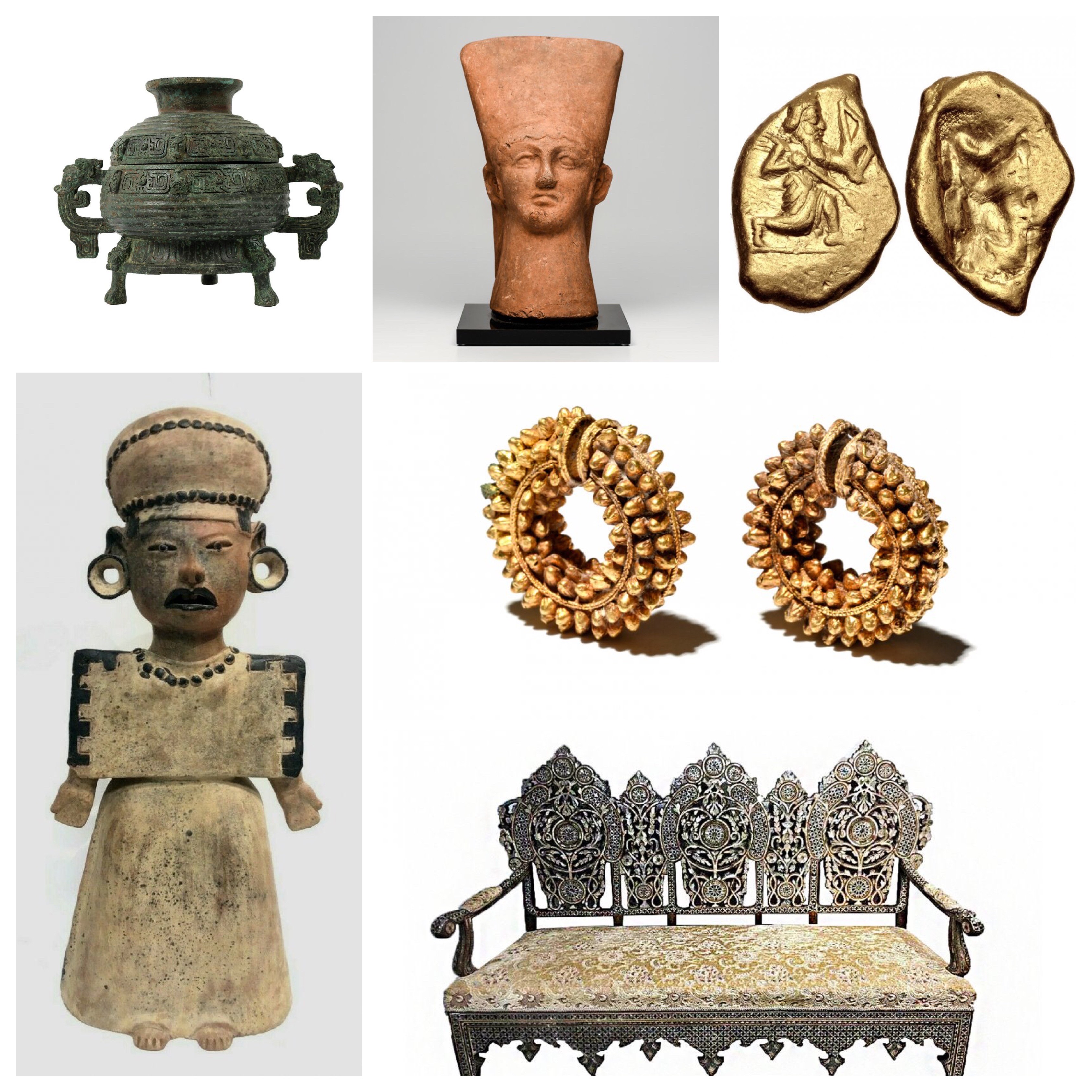 Antiquities and Antiques available at auction ( Antique Chinese Incense Burner, Ancient Etruscan Large Pottery Youthful Male Head Ca., Ancient Achaemenid Empire. temp. Xerxes II gold Daric, Ancient Parthian Gold Earrings, Ottoman Syrian Mother Of Pearls Wood Couch and Pre Columbian Veracruz Monumental Priestess Figure)