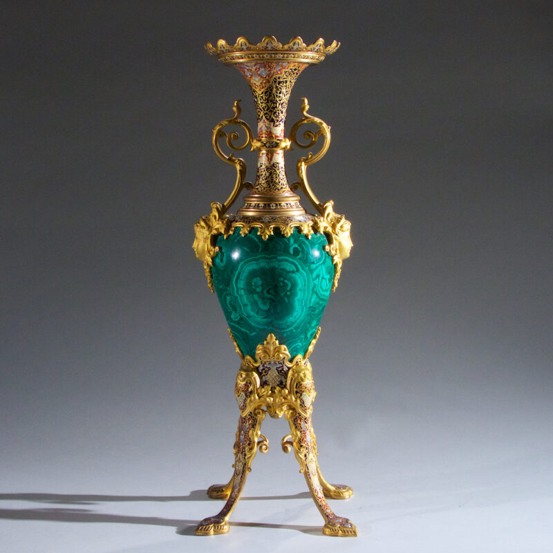 Magnificent Gilt-Bronze Champleve and Malachite Vase on Splayed Supports