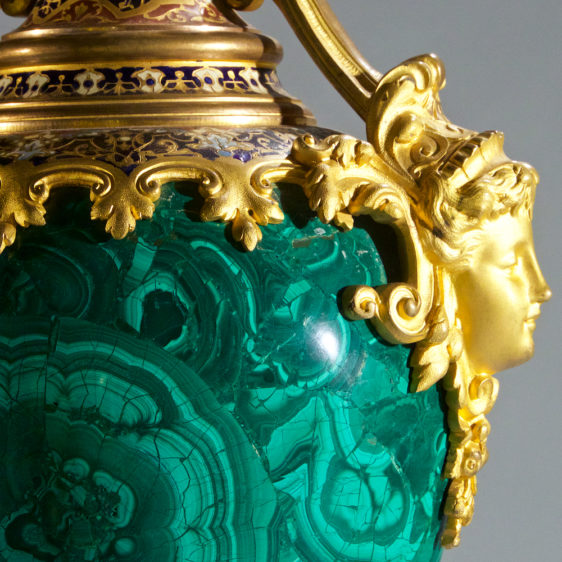 Magnificent Gilt-Bronze Champleve and Malachite Vase on Splayed Supports