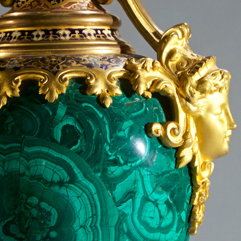 Magnificent Gilt-Bronze Champleve and Malachite Vase on Splayed Supports