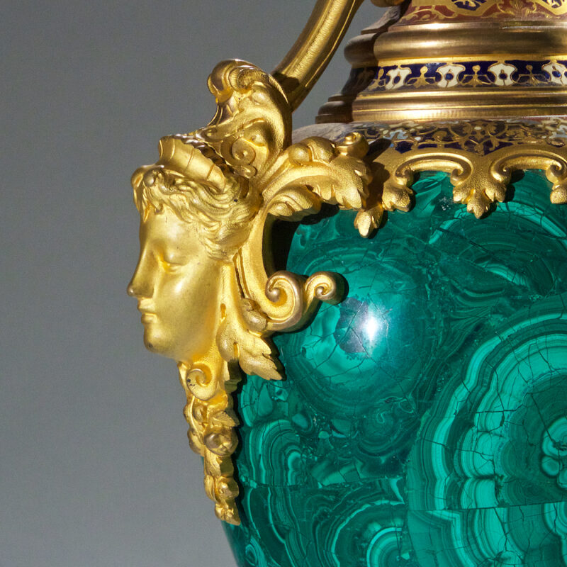 Magnificent Gilt-Bronze Champleve and Malachite Vase on Splayed Supports