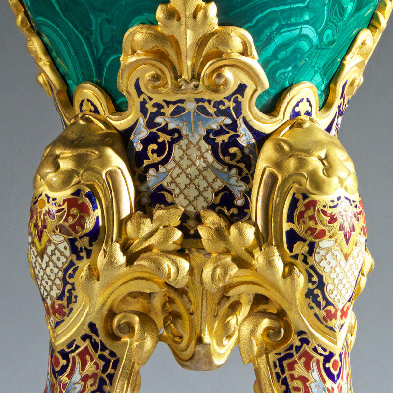 Magnificent Gilt-Bronze Champleve and Malachite Vase on Splayed Supports