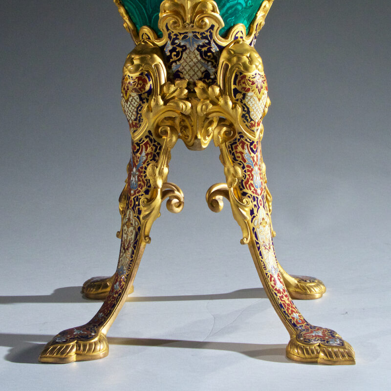 Magnificent Gilt-Bronze Champleve and Malachite Vase on Splayed Supports