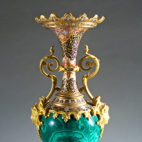 Magnificent Gilt-Bronze Champleve and Malachite Vase on Splayed Supports