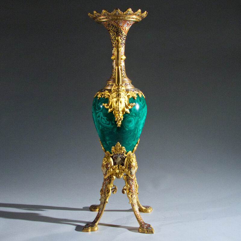 Magnificent Gilt-Bronze Champleve and Malachite Vase on Splayed Supports