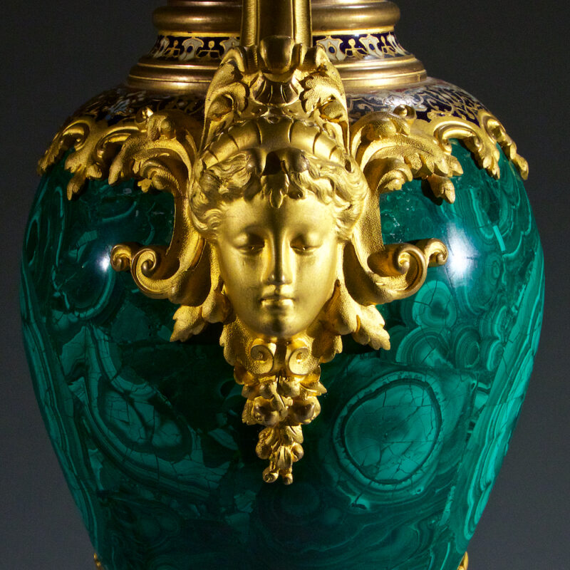 Magnificent Gilt-Bronze Champleve and Malachite Vase on Splayed Supports
