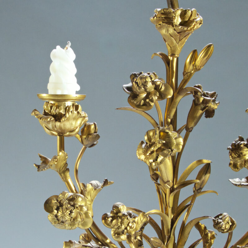 Fine Pair of French Ormolu and White Marble Three-Light Candelabra