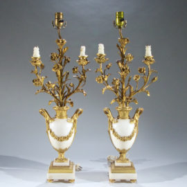 Fine Pair of French Ormolu and White Marble Three-Light Candelabra
