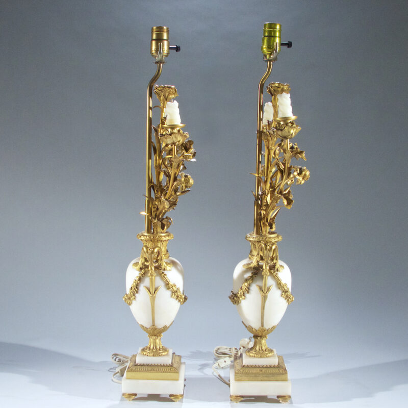 Fine Pair of French Ormolu and White Marble Three-Light Candelabra