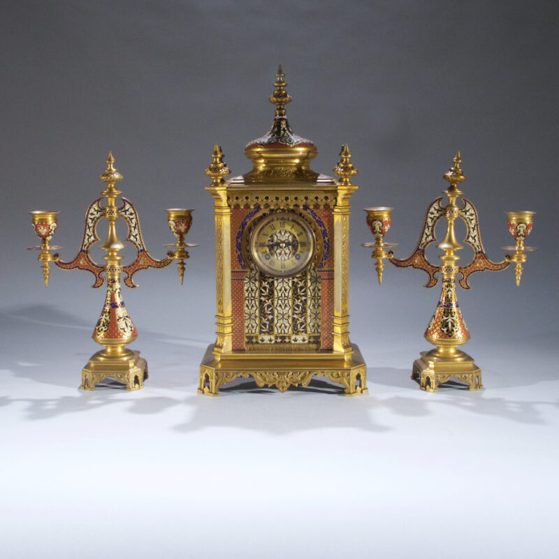 Exceptional Quality Brass Mounted Champleve Enamel Clockset Retailed by Tiffany & Co., N.Y.