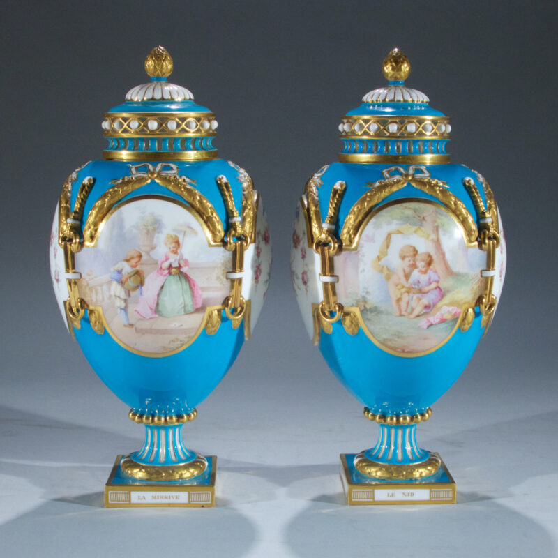 Fine Quality Pair of Mintons Blue Gilt Ground Porcelain Urns