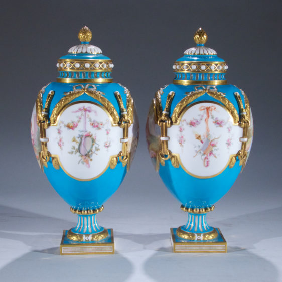 Fine Quality Pair of Mintons Blue Gilt Ground Porcelain Urns