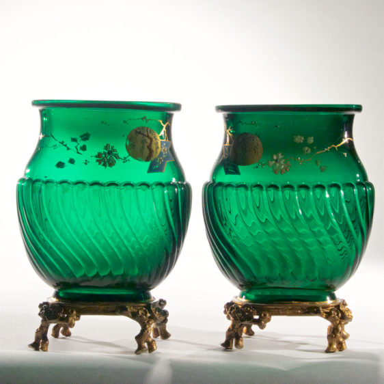 Magnificent Pair of Baccarat Emerald Green Japanesque Vases