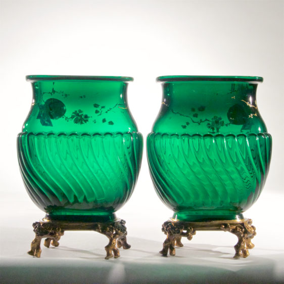 Magnificent Pair of Baccarat Emerald Green Japanesque Vases