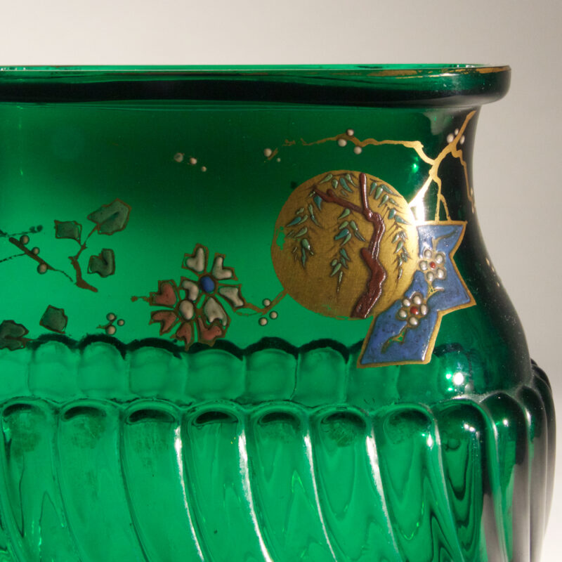 Magnificent Pair of Baccarat Emerald Green Japanesque Vases