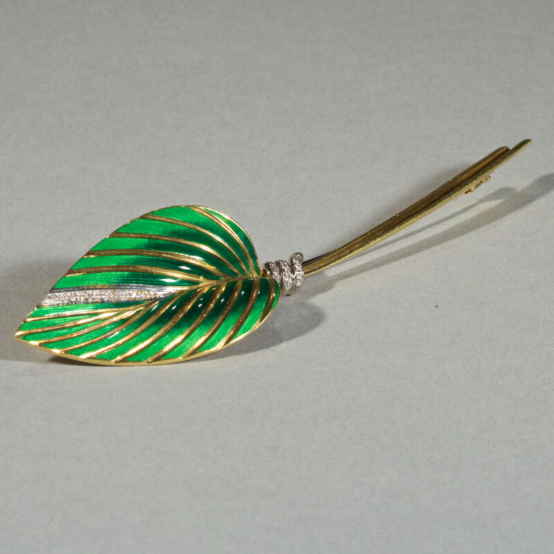 Enameled Gold Enameled Gold Diamond Leaf Brooch Leaf Brooch