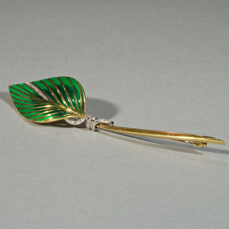 Enameled Gold Diamond Leaf Brooch