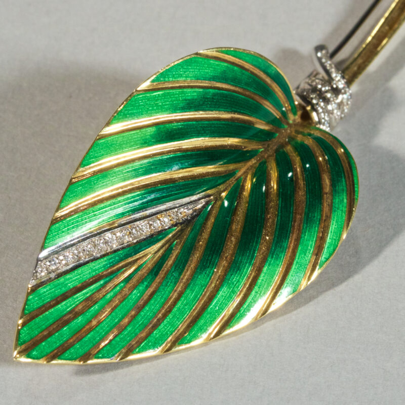 Enameled Gold Diamond Leaf Brooch